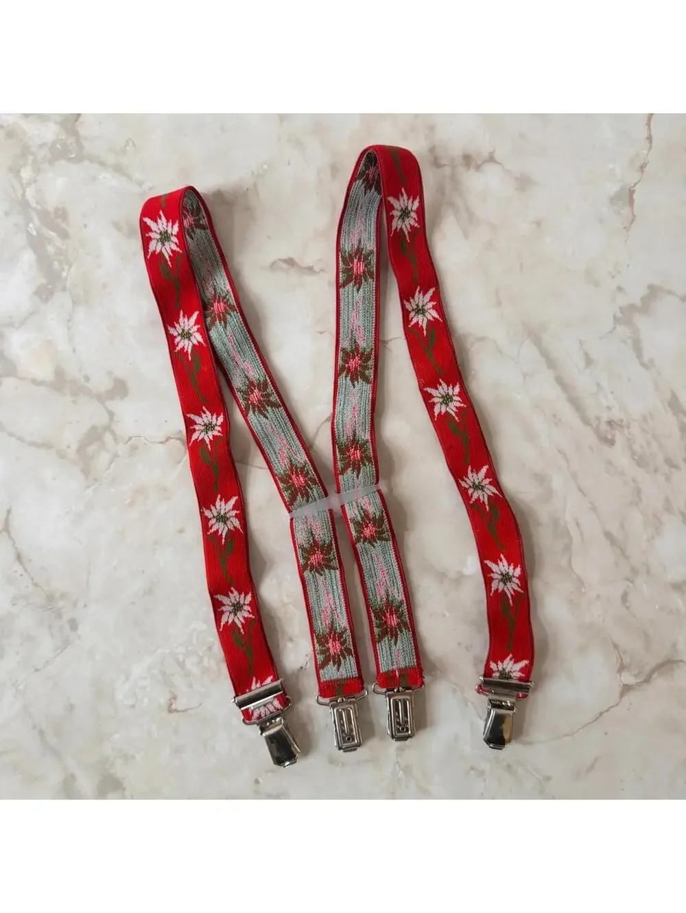 Vintage Kids Red Edelweiss Floral Suspenders Adjustable Clip On Alpine Style
